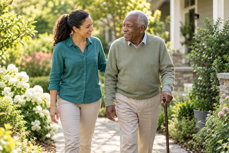 A caregiver walking beside an older man with a cane on a garden path